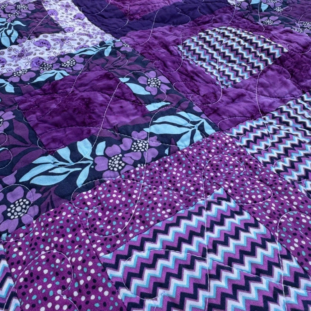 Handmade Patchwork Quilt 35x41 Purple Floral Minky Fleece Tie Dye Boho Baby
